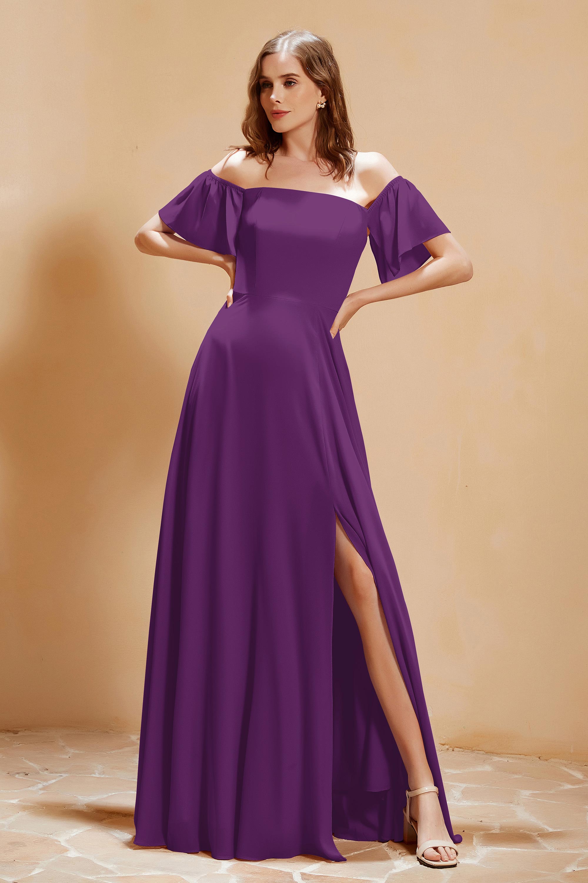 Square Neckline with Flutter Sleeves Chiffon Bridesmaid Dress Long Formal Evening Dresses