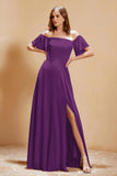 Square Neckline with Flutter Sleeves Chiffon Bridesmaid Dress Long Formal Evening Dresses