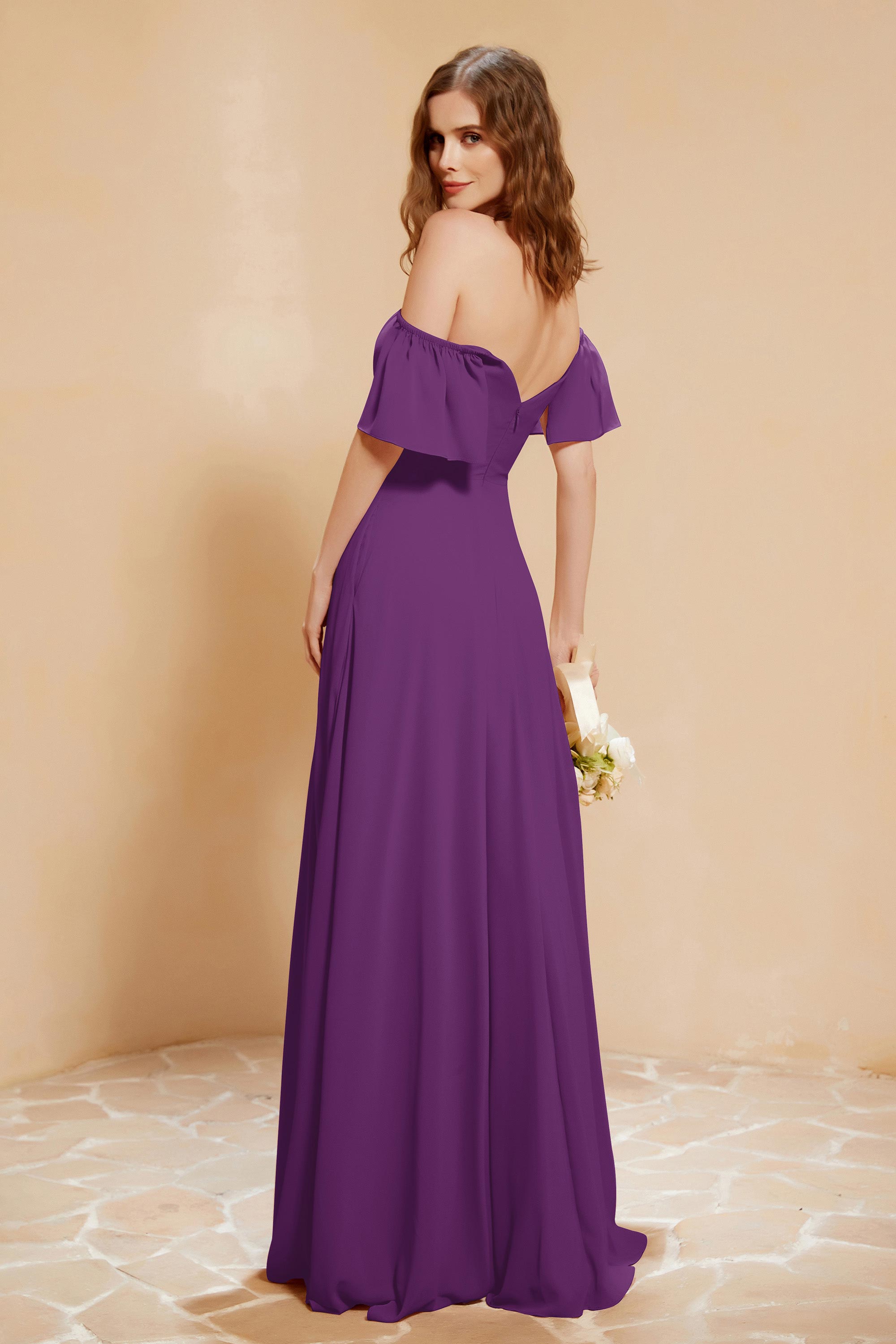 Square Neckline with Flutter Sleeves Chiffon Bridesmaid Dress Long Formal Evening Dresses