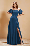 Square Neckline with Flutter Sleeves Chiffon Bridesmaid Dress Long Formal Evening Dresses