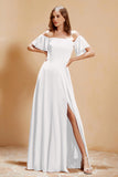 Square Neckline with Flutter Sleeves Chiffon Bridesmaid Dress Long Formal Evening Dresses