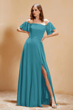 Square Neckline with Flutter Sleeves Chiffon Bridesmaid Dress Long Formal Evening Dresses