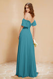 Square Neckline with Flutter Sleeves Chiffon Bridesmaid Dress Long Formal Evening Dresses