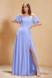 Square Neckline with Flutter Sleeves Chiffon Bridesmaid Dress Long Formal Evening Dresses