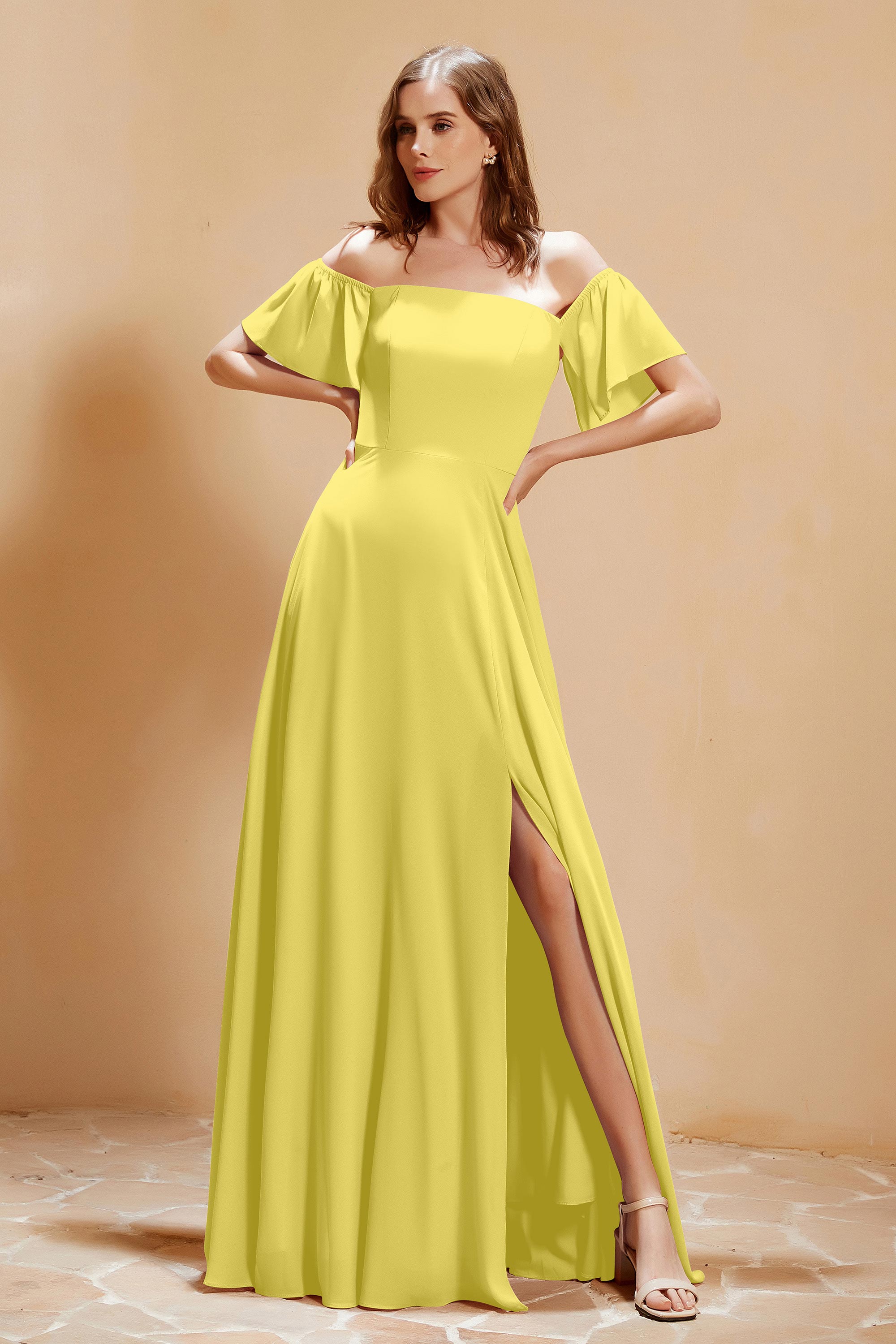 Square Neckline with Flutter Sleeves Chiffon Bridesmaid Dress Long Formal Evening Dresses