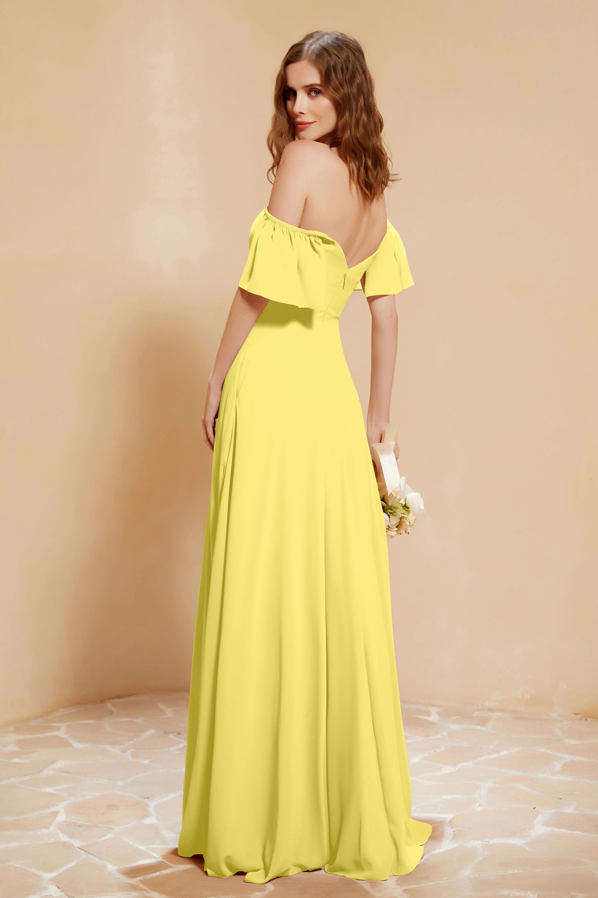 Square Neckline with Flutter Sleeves Chiffon Bridesmaid Dress Long Formal Evening Dresses