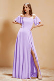 Square Neckline with Flutter Sleeves Chiffon Bridesmaid Dress Long Formal Evening Dresses