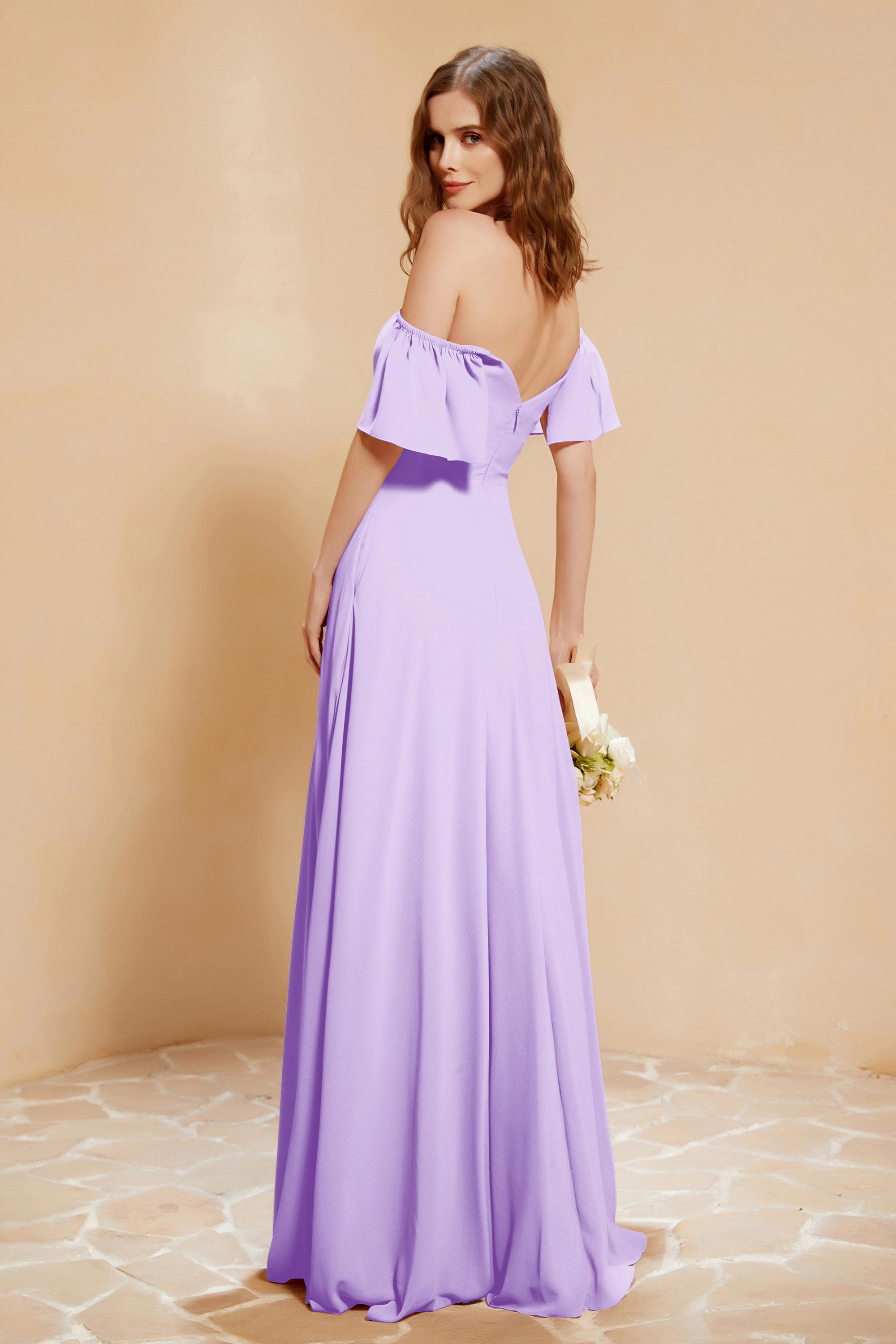 Square Neckline with Flutter Sleeves Chiffon Bridesmaid Dress Long Formal Evening Dresses