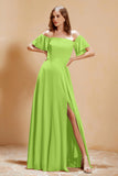 Square Neckline with Flutter Sleeves Chiffon Bridesmaid Dress Long Formal Evening Dresses