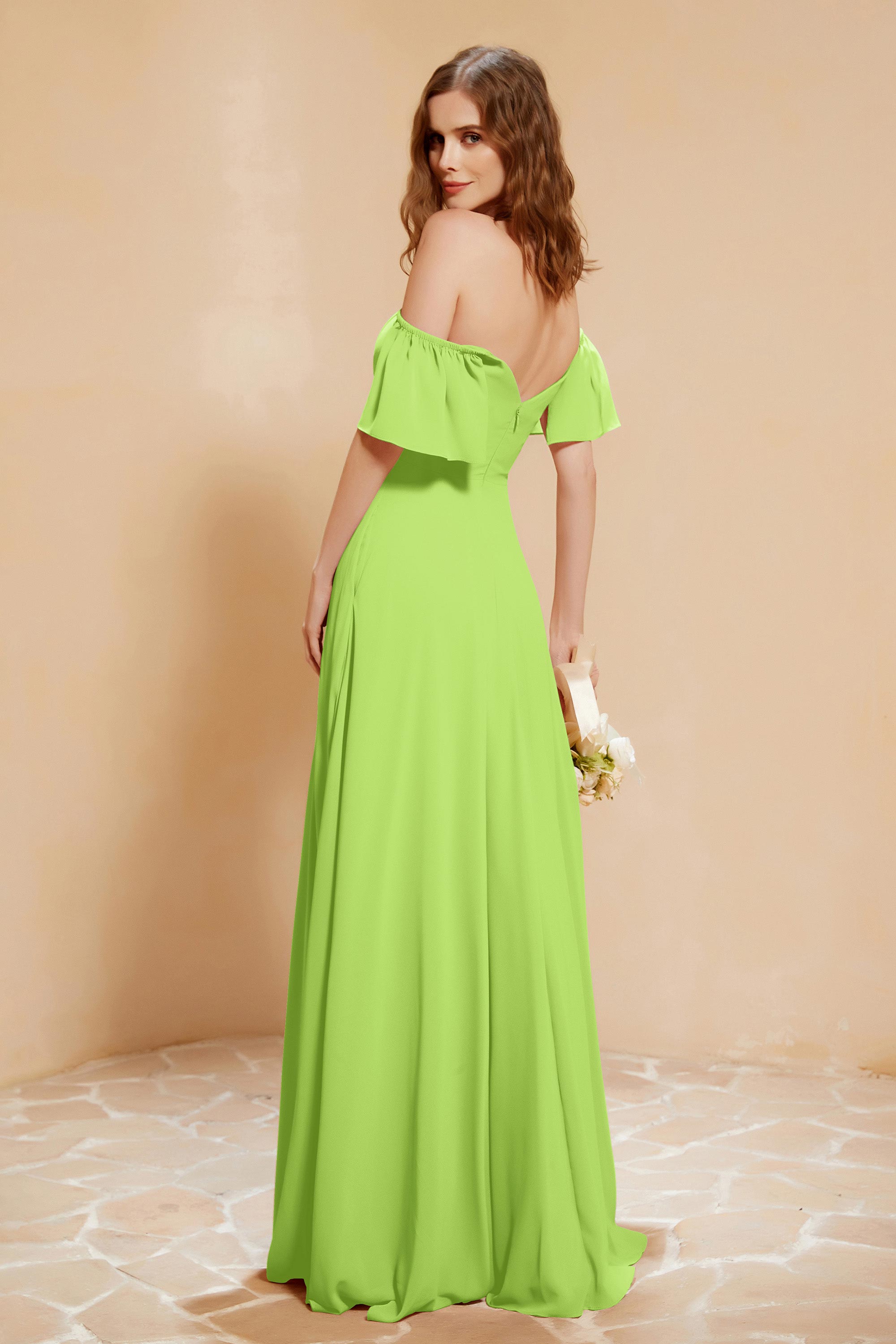 Square Neckline with Flutter Sleeves Chiffon Bridesmaid Dress Long Formal Evening Dresses