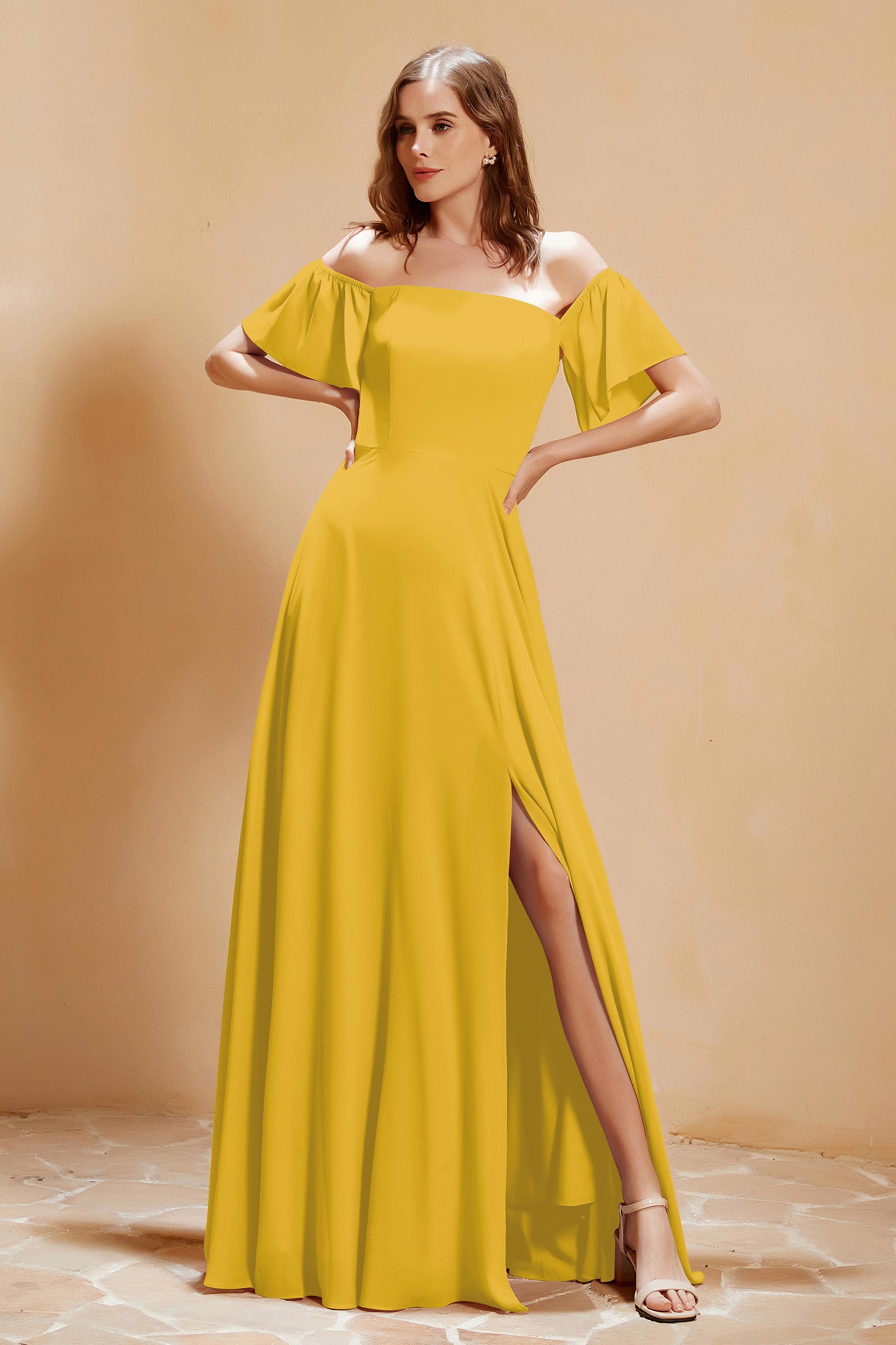 Square Neckline with Flutter Sleeves Chiffon Bridesmaid Dress Long Formal Evening Dresses