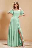 Square Neckline with Flutter Sleeves Chiffon Bridesmaid Dress Long Formal Evening Dresses