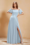 Square Neckline with Flutter Sleeves Chiffon Bridesmaid Dress Long Formal Evening Dresses