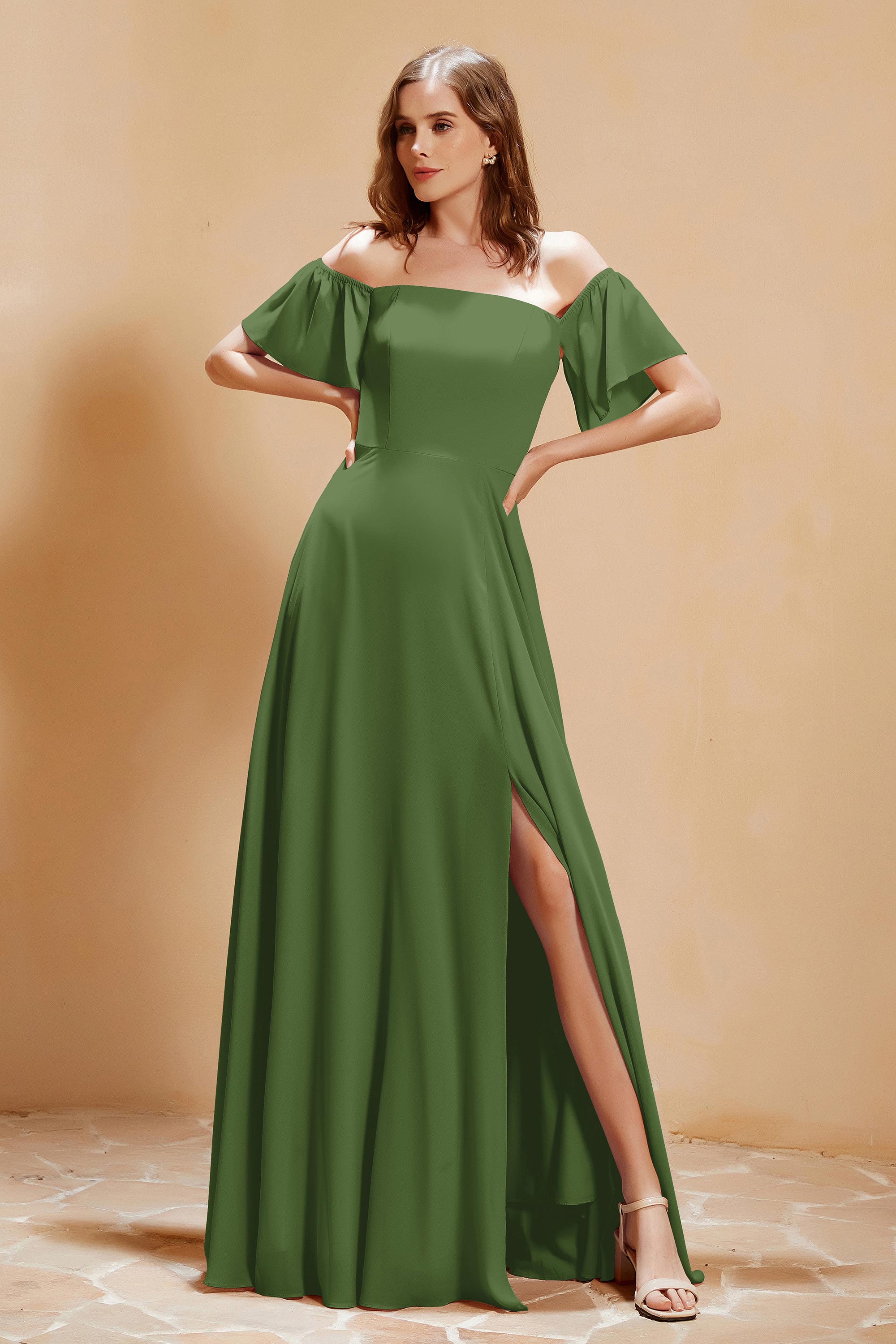 Square Neckline with Flutter Sleeves Chiffon Bridesmaid Dress Long Formal Evening Dresses