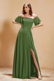 Square Neckline with Flutter Sleeves Chiffon Bridesmaid Dress Long Formal Evening Dresses