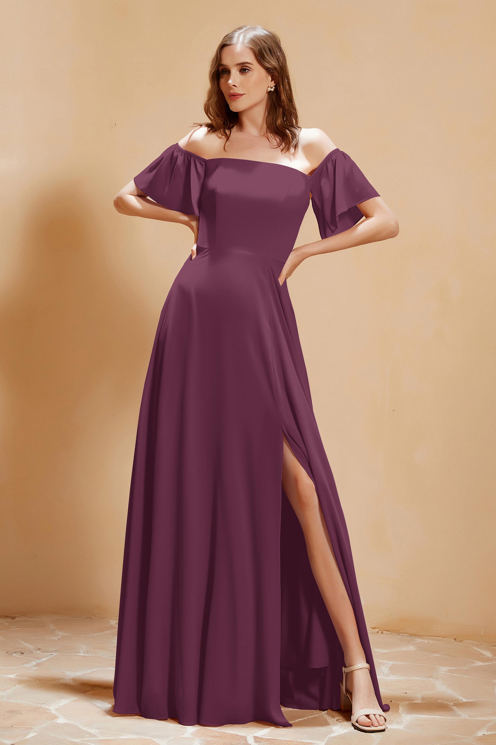 Square Neckline with Flutter Sleeves Chiffon Bridesmaid Dress Long Formal Evening Dresses