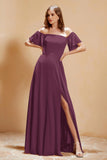 Square Neckline with Flutter Sleeves Chiffon Bridesmaid Dress Long Formal Evening Dresses