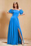 Square Neckline with Flutter Sleeves Chiffon Bridesmaid Dress Long Formal Evening Dresses
