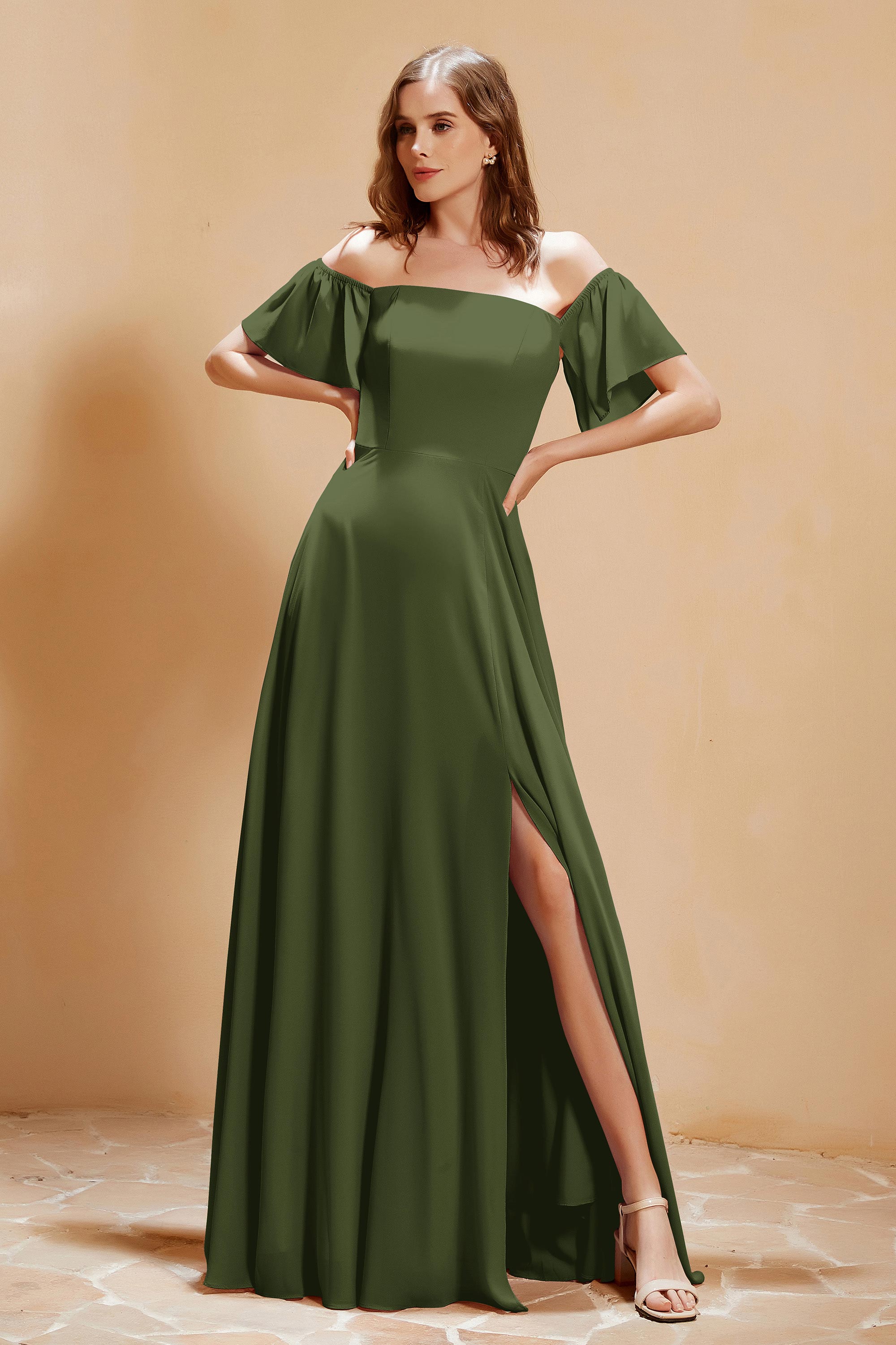 Square Neckline with Flutter Sleeves Chiffon Bridesmaid Dress Long Formal Evening Dresses