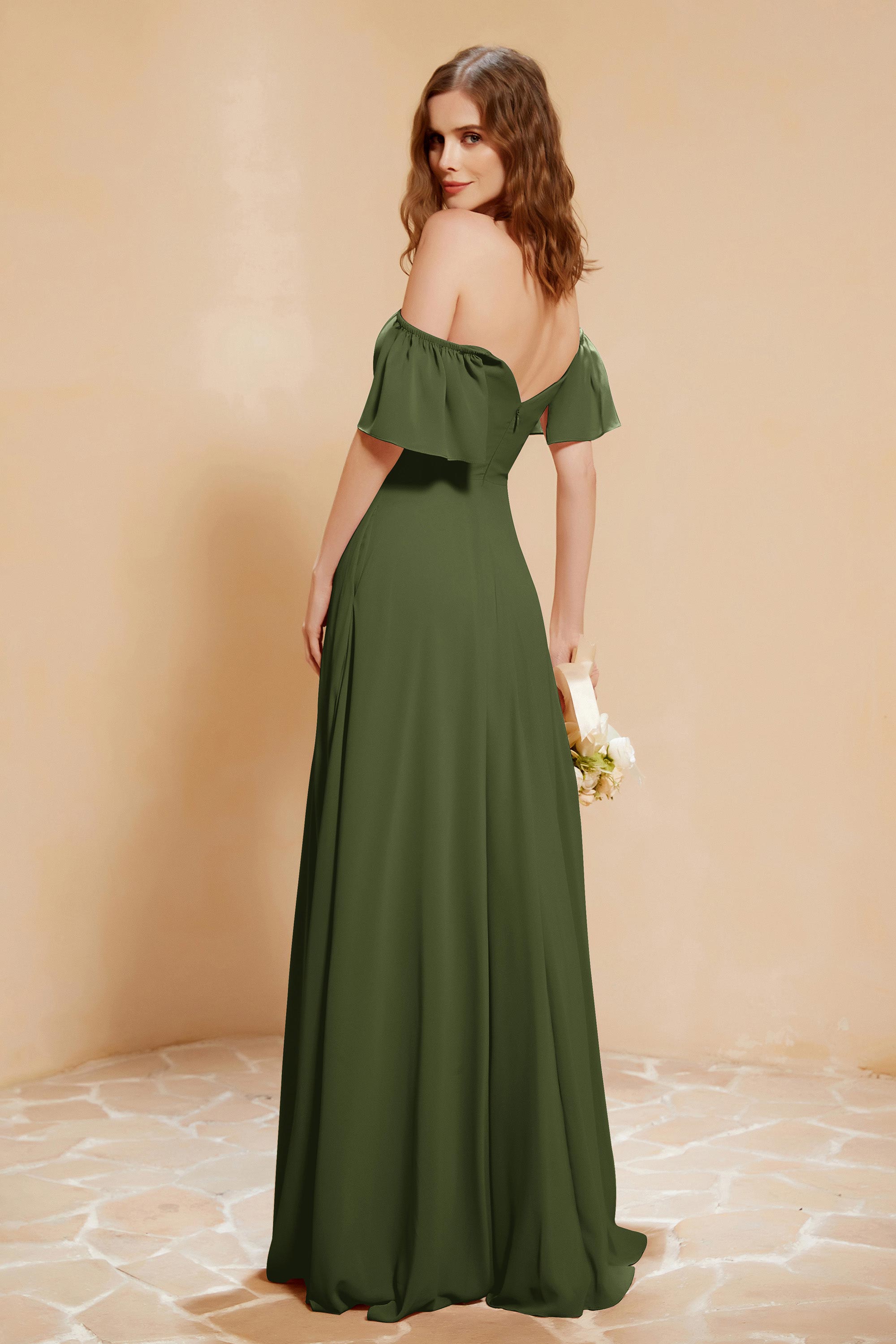 Square Neckline with Flutter Sleeves Chiffon Bridesmaid Dress Long Formal Evening Dresses