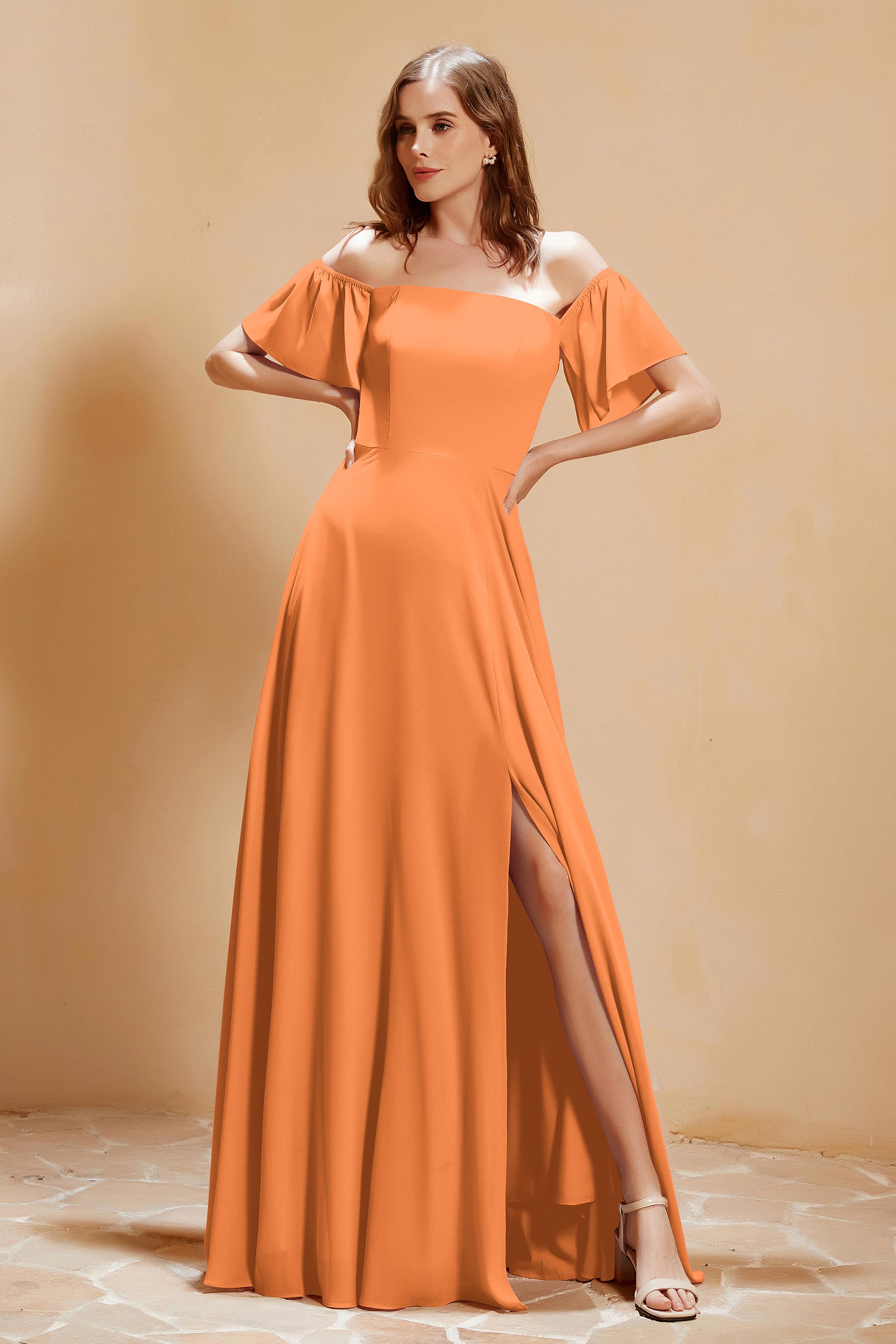 Square Neckline with Flutter Sleeves Chiffon Bridesmaid Dress Long Formal Evening Dresses