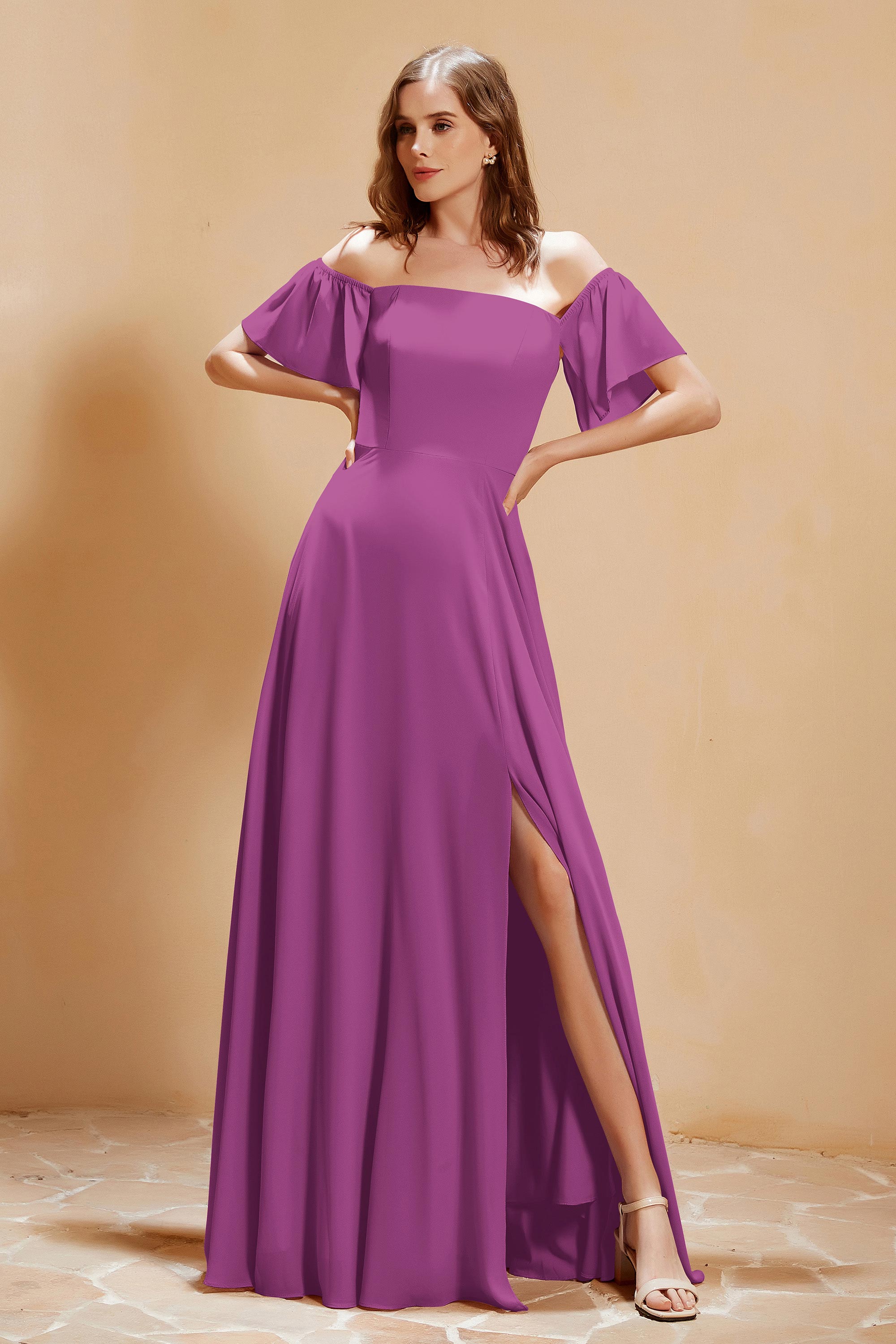 Square Neckline with Flutter Sleeves Chiffon Bridesmaid Dress Long Formal Evening Dresses