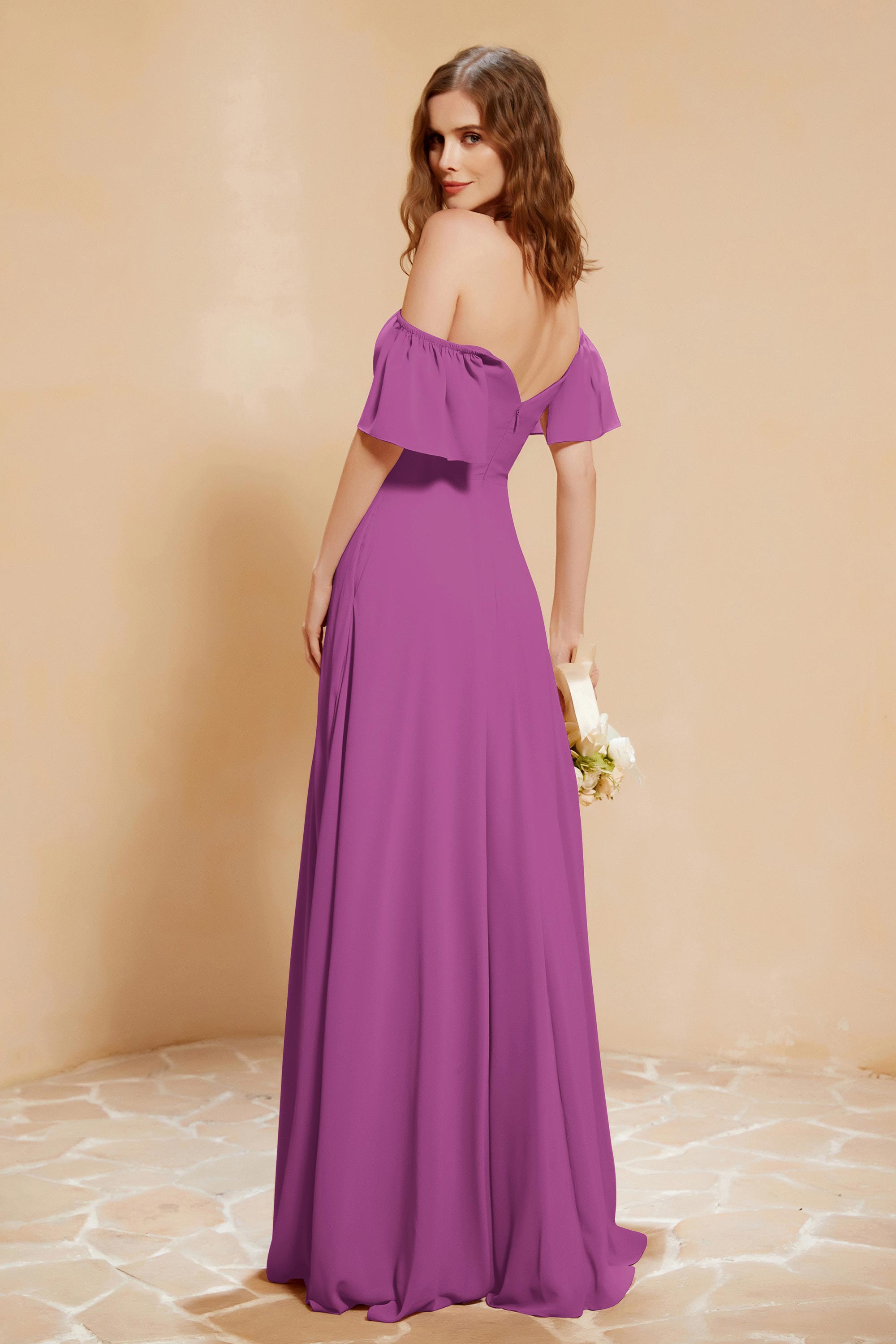 Square Neckline with Flutter Sleeves Chiffon Bridesmaid Dress Long Formal Evening Dresses