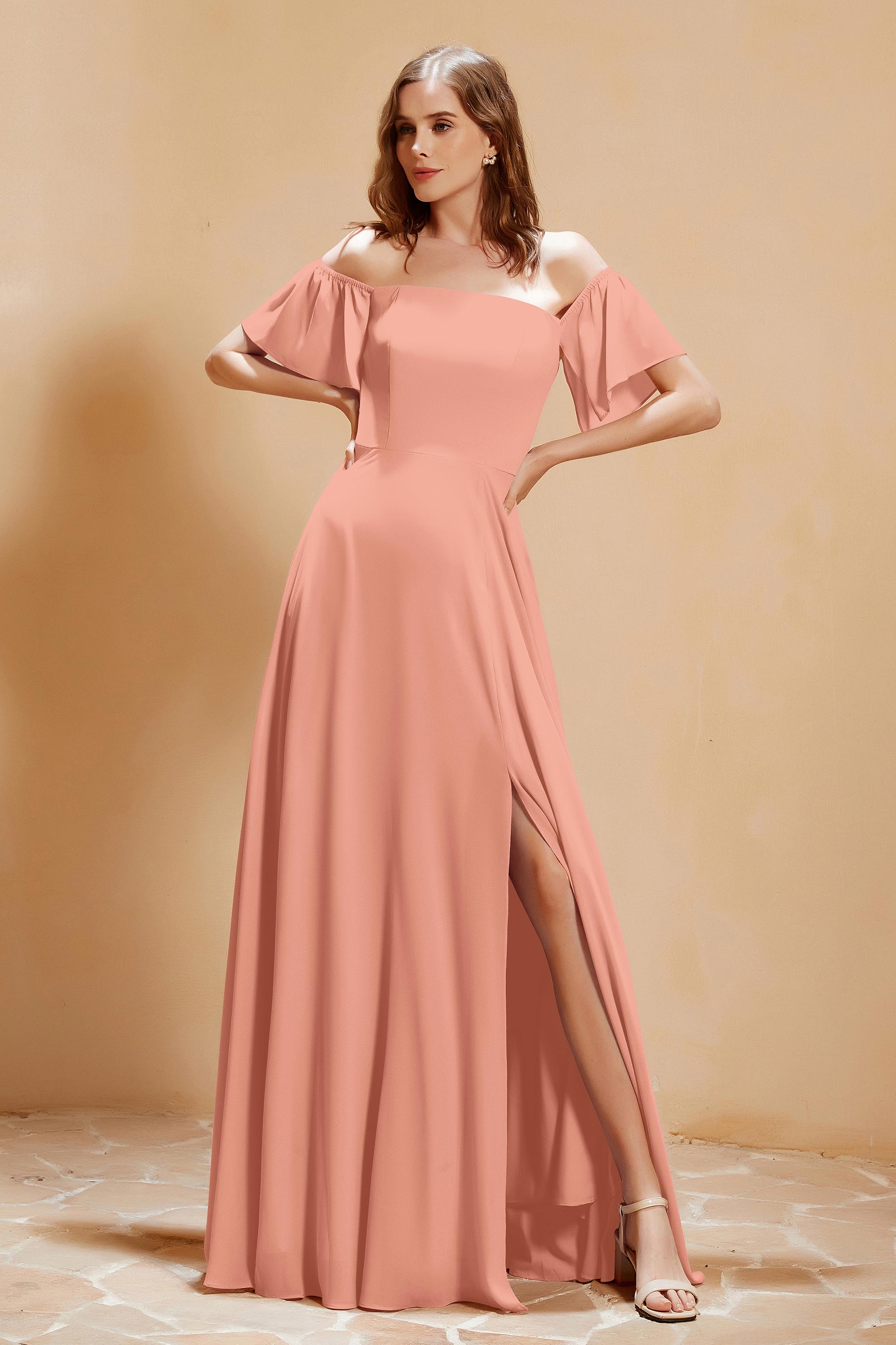 Square Neckline with Flutter Sleeves Chiffon Bridesmaid Dress Long Formal Evening Dresses
