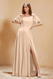 Square Neckline with Flutter Sleeves Chiffon Bridesmaid Dress Long Formal Evening Dresses