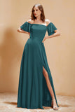Square Neckline with Flutter Sleeves Chiffon Bridesmaid Dress Long Formal Evening Dresses