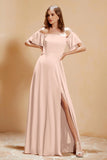 Square Neckline with Flutter Sleeves Chiffon Bridesmaid Dress Long Formal Evening Dresses