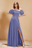 Square Neckline with Flutter Sleeves Chiffon Bridesmaid Dress Long Formal Evening Dresses