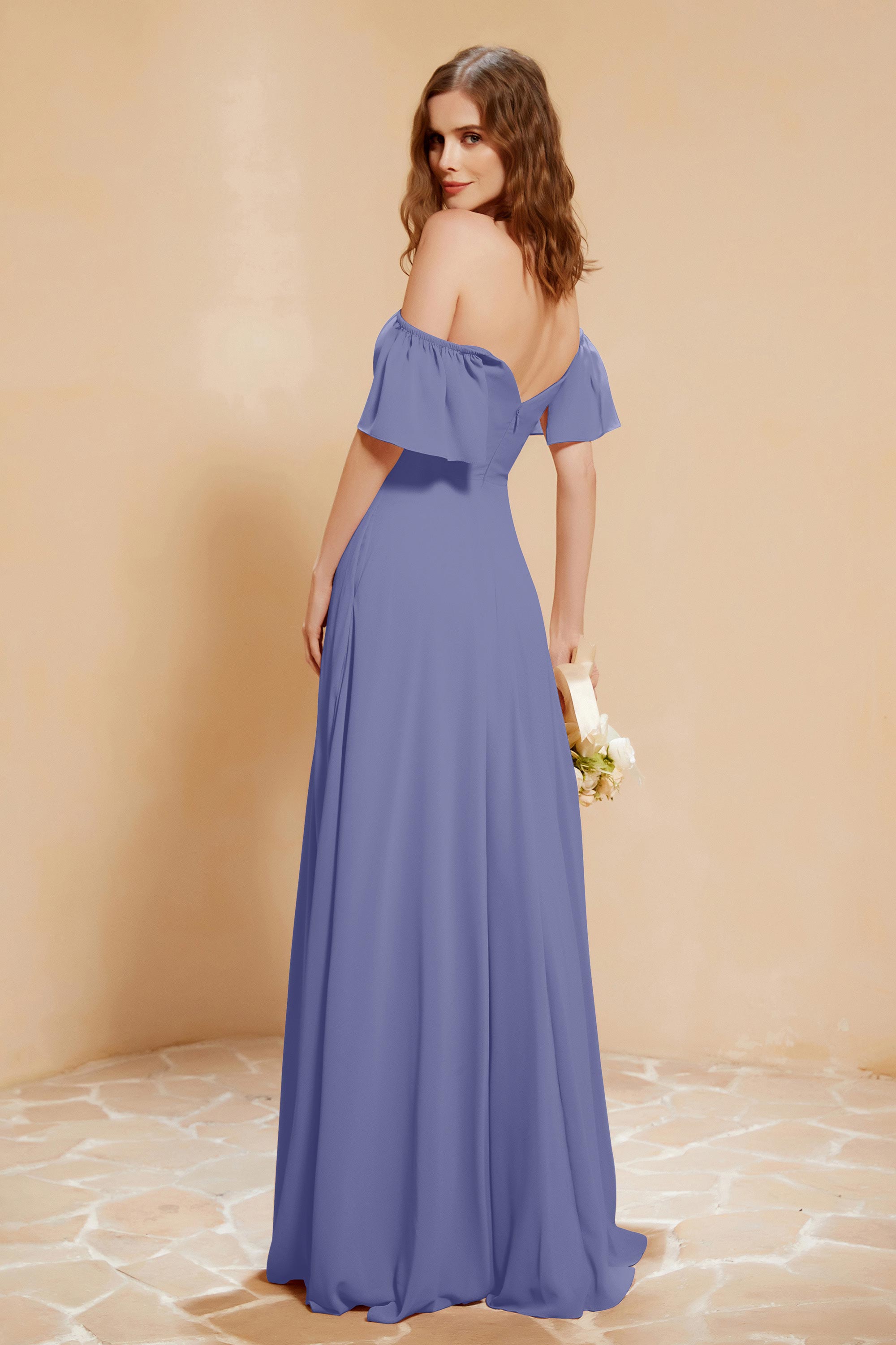 Square Neckline with Flutter Sleeves Chiffon Bridesmaid Dress Long Formal Evening Dresses