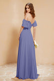Square Neckline with Flutter Sleeves Chiffon Bridesmaid Dress Long Formal Evening Dresses