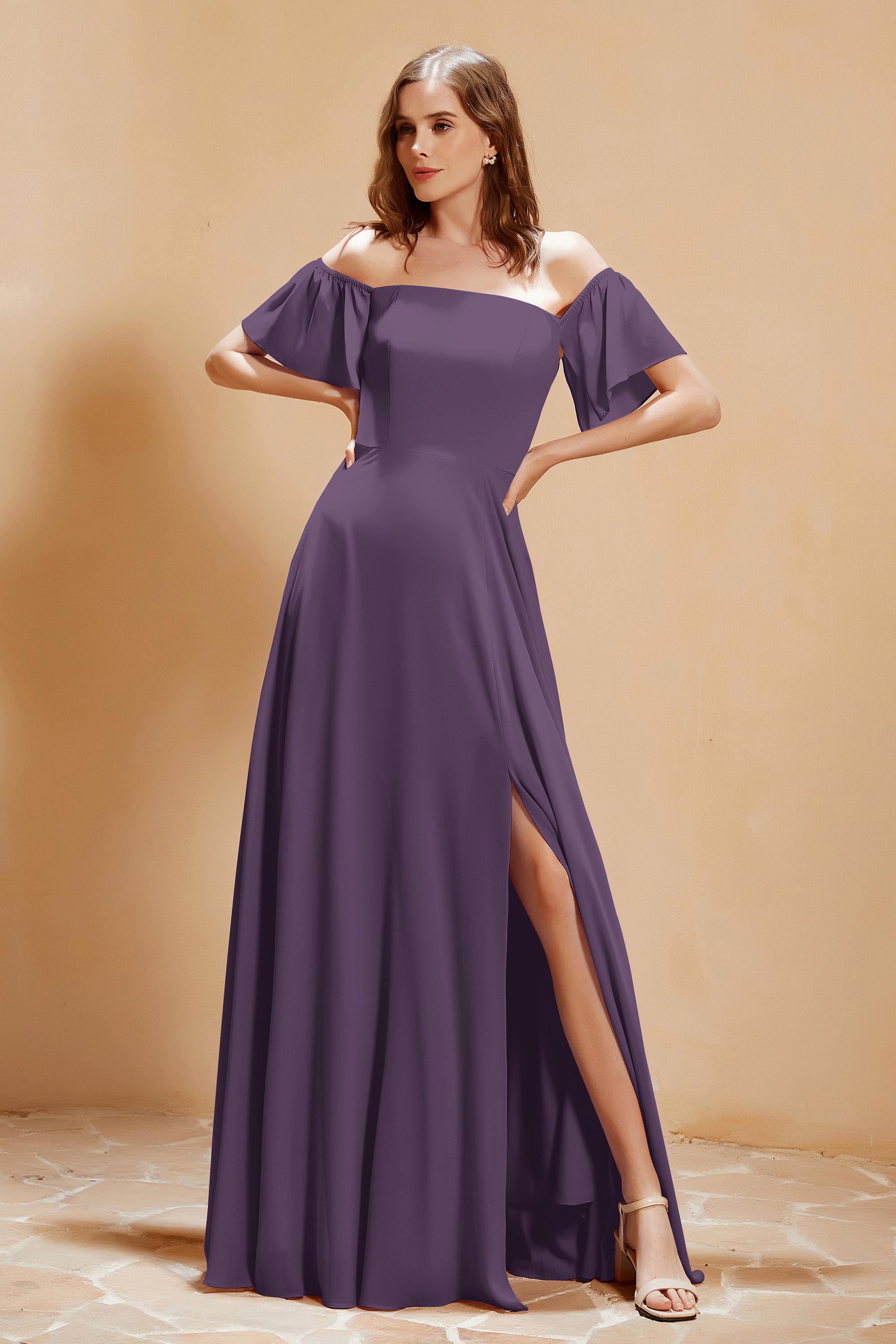 Square Neckline with Flutter Sleeves Chiffon Bridesmaid Dress Long Formal Evening Dresses