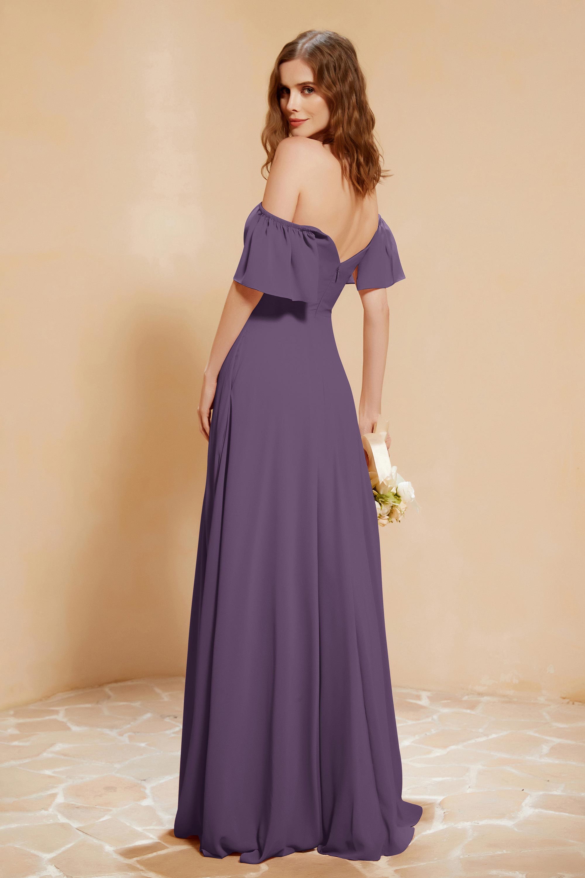 Square Neckline with Flutter Sleeves Chiffon Bridesmaid Dress Long Formal Evening Dresses
