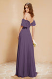 Square Neckline with Flutter Sleeves Chiffon Bridesmaid Dress Long Formal Evening Dresses