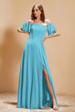 Square Neckline with Flutter Sleeves Chiffon Bridesmaid Dress Long Formal Evening Dresses