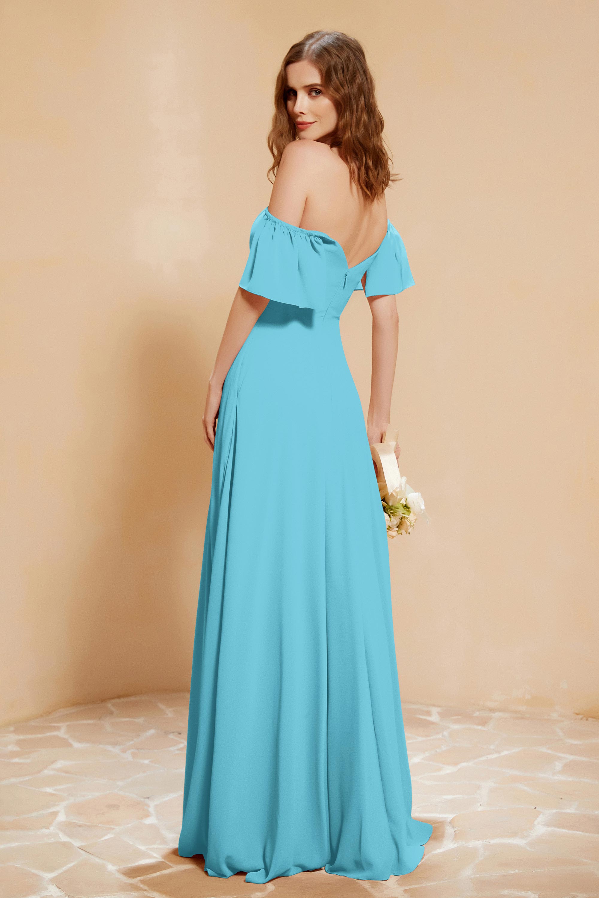 Square Neckline with Flutter Sleeves Chiffon Bridesmaid Dress Long Formal Evening Dresses