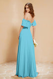 Square Neckline with Flutter Sleeves Chiffon Bridesmaid Dress Long Formal Evening Dresses
