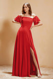 Square Neckline with Flutter Sleeves Chiffon Bridesmaid Dress Long Formal Evening Dresses