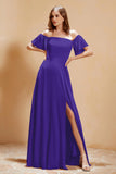 Square Neckline with Flutter Sleeves Chiffon Bridesmaid Dress Long Formal Evening Dresses