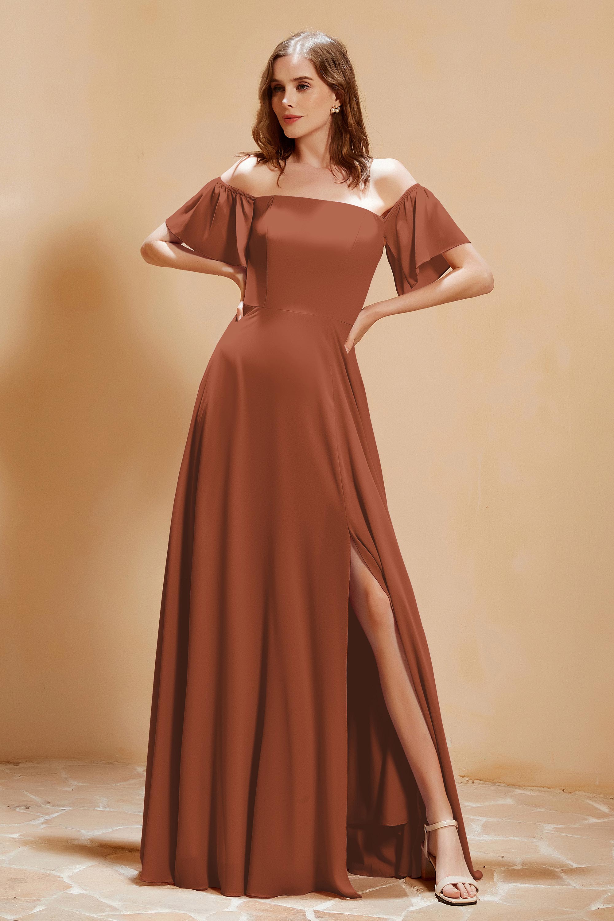 Square Neckline with Flutter Sleeves Chiffon Bridesmaid Dress Long Formal Evening Dresses