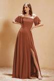Square Neckline with Flutter Sleeves Chiffon Bridesmaid Dress Long Formal Evening Dresses