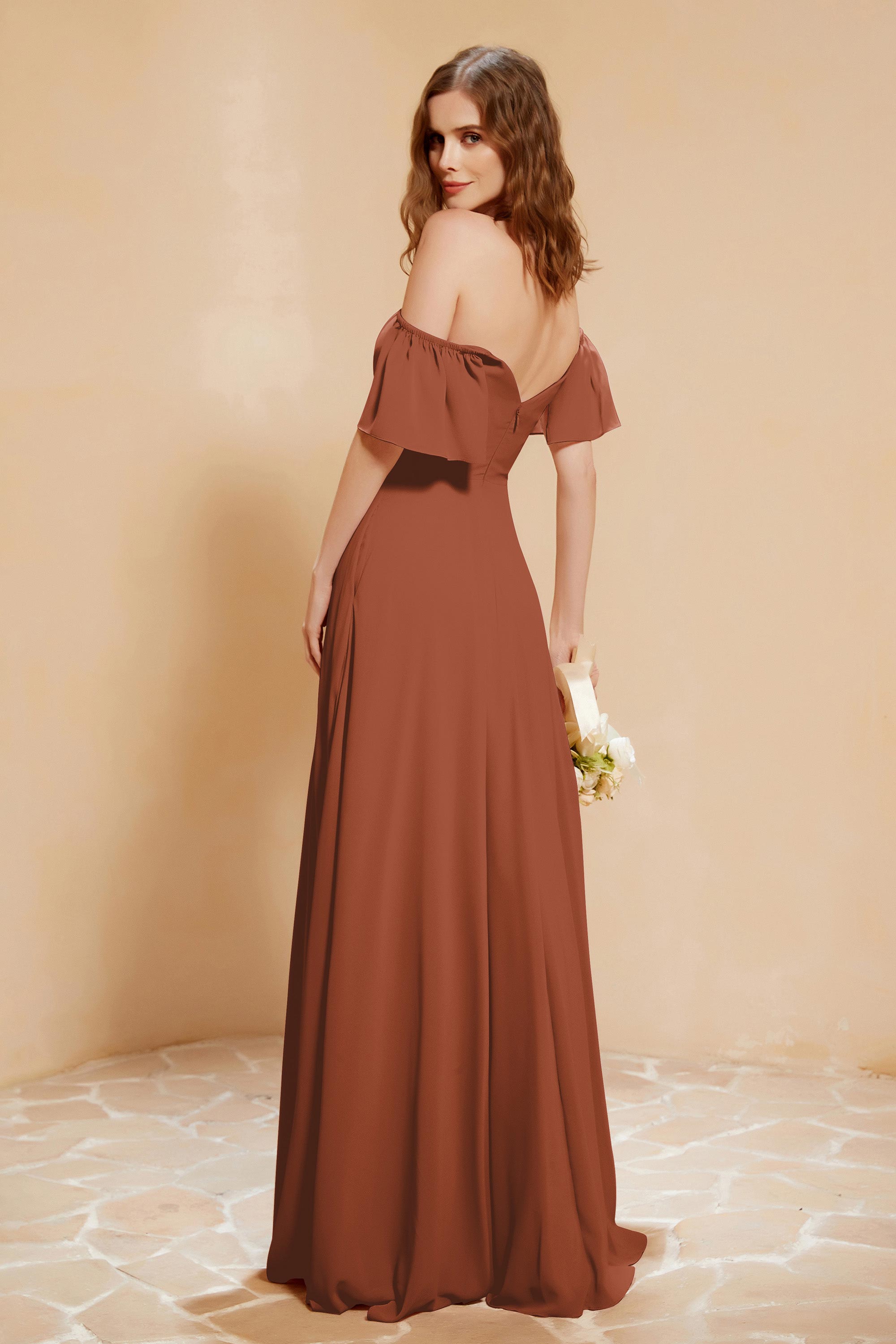Square Neckline with Flutter Sleeves Chiffon Bridesmaid Dress Long Formal Evening Dresses