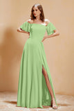 Square Neckline with Flutter Sleeves Chiffon Bridesmaid Dress Long Formal Evening Dresses