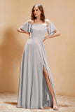 Square Neckline with Flutter Sleeves Chiffon Bridesmaid Dress Long Formal Evening Dresses