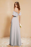 Square Neckline with Flutter Sleeves Chiffon Bridesmaid Dress Long Formal Evening Dresses