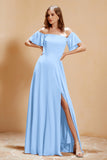 Square Neckline with Flutter Sleeves Chiffon Bridesmaid Dress Long Formal Evening Dresses