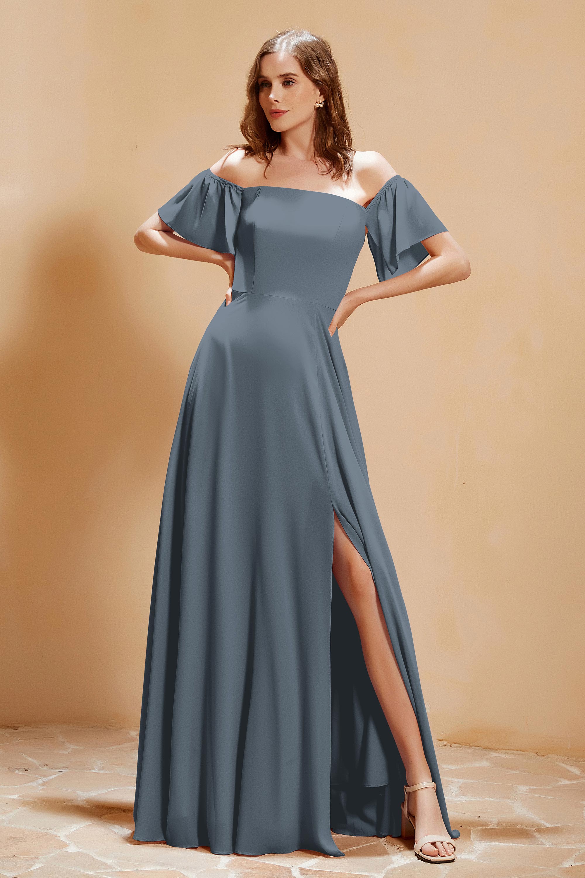 Square Neckline with Flutter Sleeves Chiffon Bridesmaid Dress Long Formal Evening Dresses